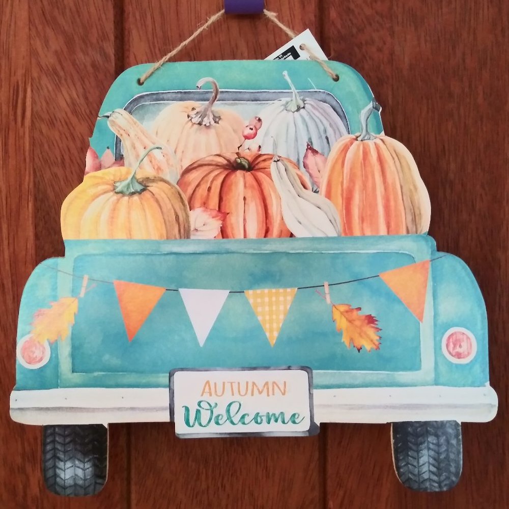 Old Blue Truck - Harvest Veggies & Flags Sign